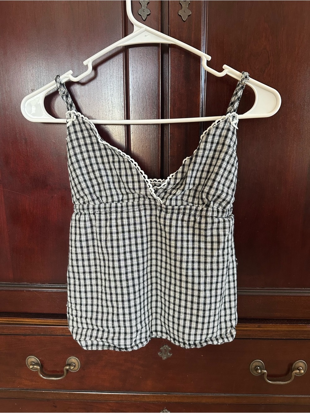 Gingham Lace-Trim Camisole in Black & White